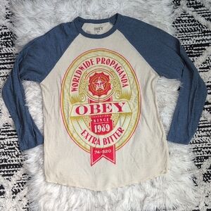 Obey Blue and Beige Long Sleeve baswball Shirt